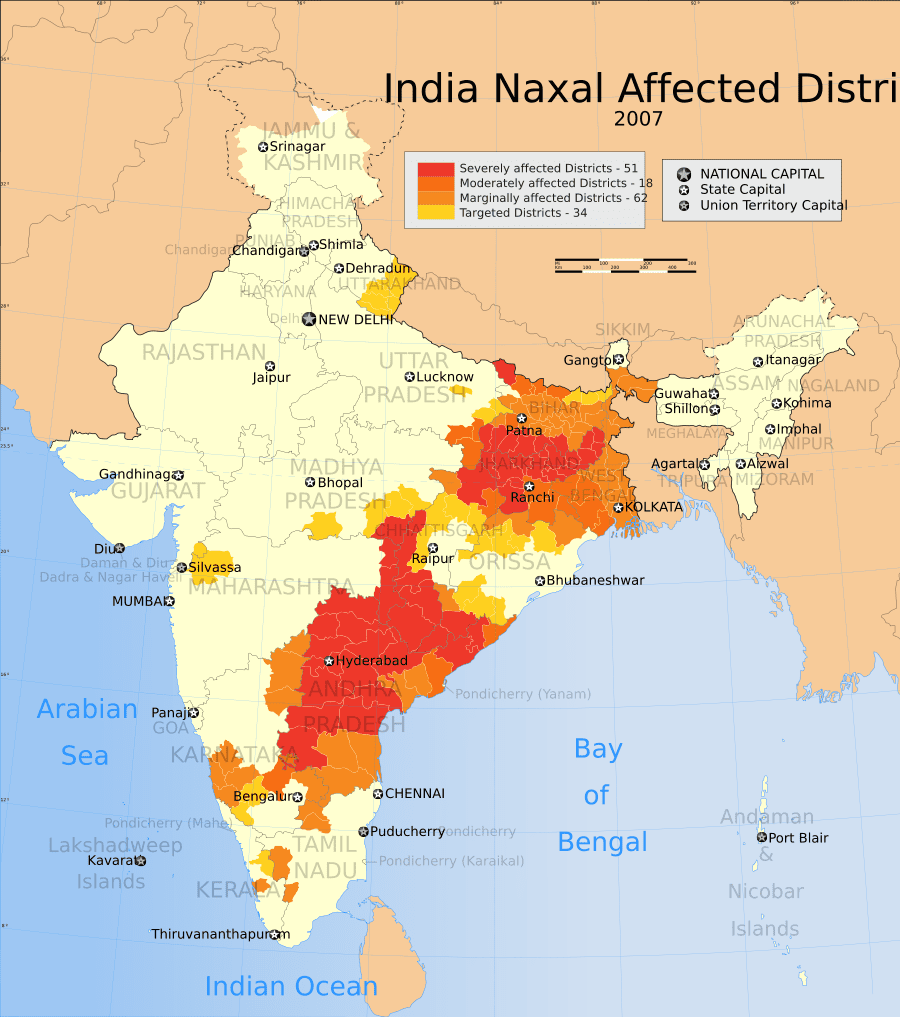 Naxal affected districts in India