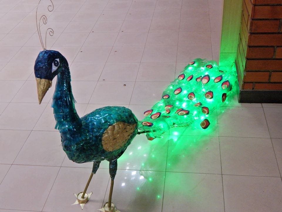 A peacock made out of waste plastic material at the School of Communication in Manipal University Manipal